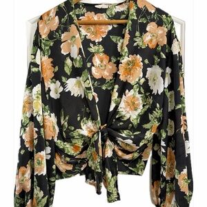 La Miel Boutique Floral Tie-Front Sheer Blouse - Black Floral Sz S-M